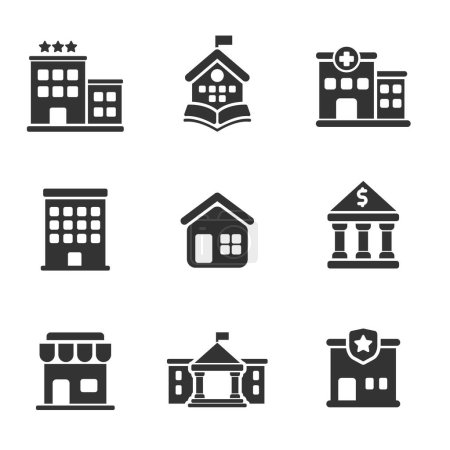 Téléchargez les illustrations : Set of buildings icon in glyph style isolated on white background - en licence libre de droit