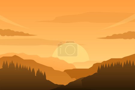 Téléchargez les illustrations : Sunset in mountain landscape vector illustration with orange color. Nature landscape background - en licence libre de droit