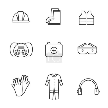 Ilustración de Safety equipment icons collection draw in line design such as mask, first aid kit, boots and more - Imagen libre de derechos