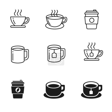 Téléchargez les illustrations : Coffee and tea icons collection draw in outline and black design isolated on white background. Simple cup of coffee and tea vector illustration - en licence libre de droit