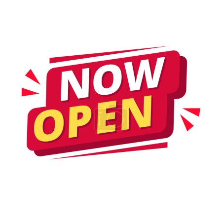 Ilustración de Now open sign with white and yellow color in red banner design isolated on white background - Imagen libre de derechos
