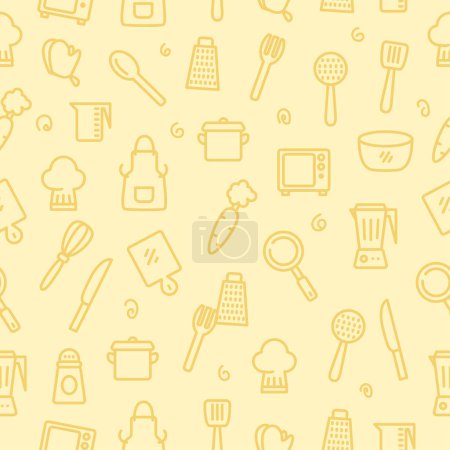 Ilustración de Kitchen and cooking seamless pattern in cute doodle style with yellow color suitable for background - Imagen libre de derechos