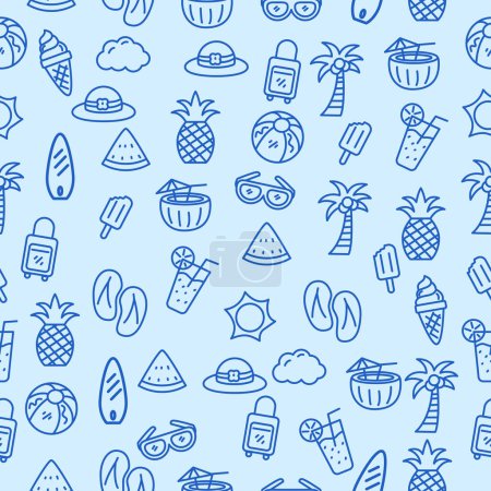 Téléchargez les illustrations : Modèle sans couture doodle été avec couleur bleue adapté pour le fond - en licence libre de droit
