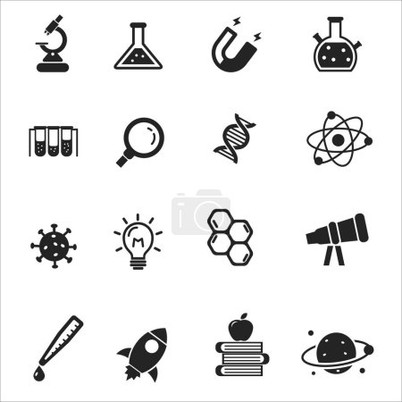 Illustration for Set of science icons in black design such as microscope, flask, magnet and more, isolated on white background - Royalty Free Image