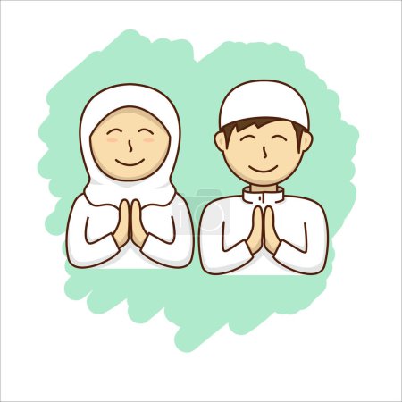 Illustration for Male and female muslim couple in white dress vector illustration in cute cartoon style - Royalty Free Image