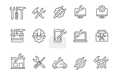 Ilustración de Conjunto de iconos de reparación en estilo lineal aislados sobre fondo blanco - Imagen libre de derechos