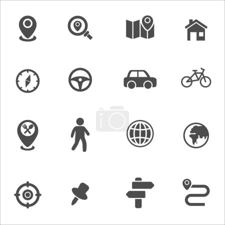 Téléchargez les illustrations : Set of location and direction related icons in simple black design - en licence libre de droit