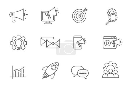 Téléchargez les illustrations : Ensemble d'icônes de marketing numérique dans un style linéaire isolé sur fond blanc - en licence libre de droit