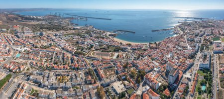 Panoramic aerial view filmed by drone of the coastal town of Sines Alentejo Portugal. High quality photo