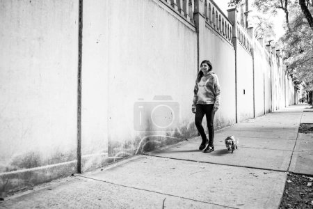Photo for Latin woman walking her dog, both dressed alike. Grey background. Copy space - Royalty Free Image