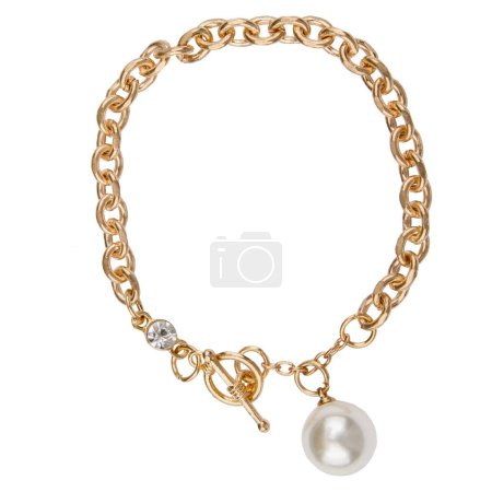 Photo for Golden chain bracelets with pearls on a white background - Royalty Free Image