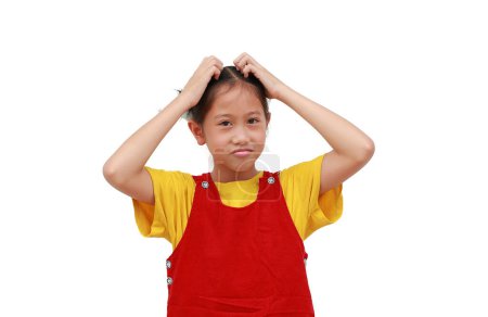 Photo for Shy Asian young girl make gesture scratching head isolated on white background. - Royalty Free Image