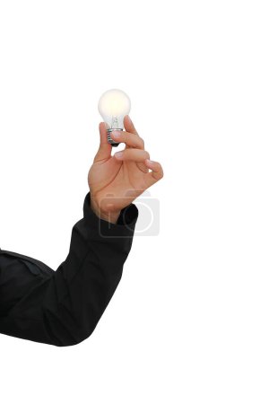 Téléchargez les photos : Main tenant une ampoule incandescente isolée sur fond blanc
. - en image libre de droit