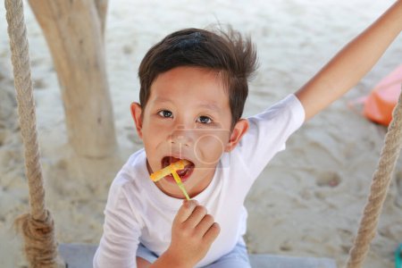 Téléchargez les photos : Gros plan d'un petit garçon asiatique mangeant des frites avec du fromage trempé assis sur une balançoire à la plage. - en image libre de droit