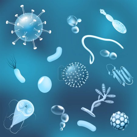 Illustration for Bacteria, fungi and viruses with glowing effect. pattern of Dangerous pathogen. Microbes, microorganisms and other parasites. illness or disease. Vector background - Royalty Free Image