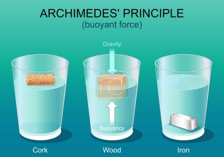 Archimedes-Prinzip. Schwerkraft und Auftrieb. Drei Gläser mit Wasser, Eisen, Holz und Kork. Schwimmende Körper. Physikalisches Gesetz. Vektorplakat. Isometrische flache Illustration.