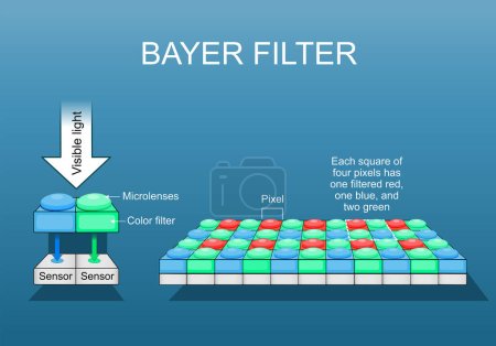 Illustration for Bayer filter. Color filter array. Close-up of Digital image sensor. RGB color model. Pixel arrangement. Ccd and cmos sensor.  Color filtering in digital photography. Isometric Flat Vector. - Royalty Free Image