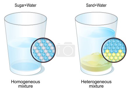 Homogene und heterogene Mischung. Zwei Gläser mit Zucker und Wasser, Sand und Wasser. Nahaufnahme der molekularen Struktur von Mischungen. Vektorillustration