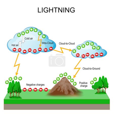 Lightning formation. Thunderstorm. Lightning is produced as a result of charge separation within the atmosphere. Vector illustration