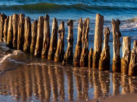 Photo for Sunset over the Baltic Sea. View of the old wooden breakwater and its reflection in the water. Mielno, Poland. West Pomeranian. eastern Europe - Royalty Free Image