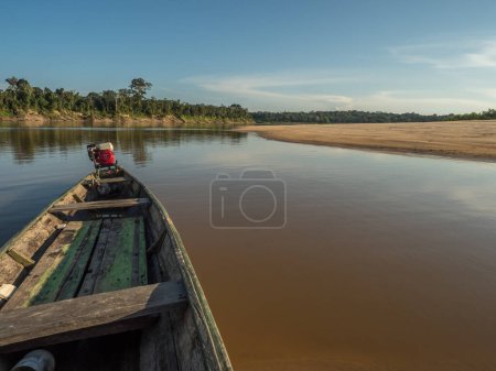 Photo for Wooden boats on the sandy beach at the Javari River, the tributary of the Amazon River, during the low water season. Amazonia. Selva on the border of Brazil and Peru. South America. Dos Fronteras. - Royalty Free Image