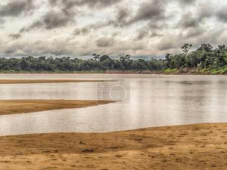 Piękna piaszczysta plaża w amazońskiej dżungli, podczas niskiego sezonu wodnego. Amazonia. Selva na granicy Brazylii i Peru. Ameryka Południowa. Dos Fronteras.