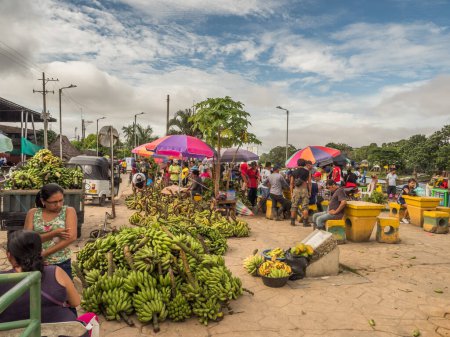 Foto de Leticia, Colombia - 24 de marzo de 2018: Gran cantidad de diferentes tipos de bananas locales en el bazar en el río Amazonas. América Latina. - Imagen libre de derechos