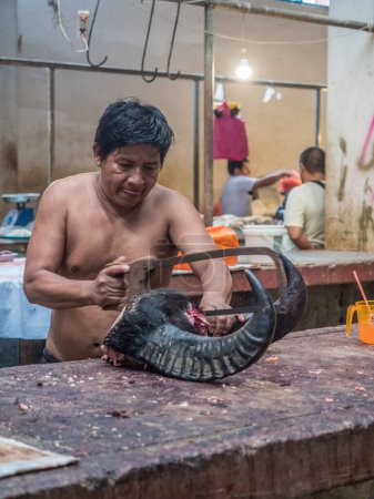 Téléchargez les photos : Iquitos, Pérou - 06 décembre 2018 : Marché avec divers types de viande, de poisson et de fruits. Belen Market Amérique latine. Beln Mercado. - en image libre de droit