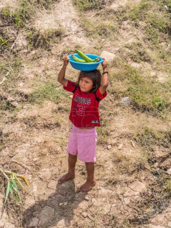 Foto de Pequeño pueblo junto al río Amazonas, Perú - 03 / 12 / 2018: Trabajo infantil. Niña vendiendo los frutos en la orilla del río Amazonas - Imagen libre de derechos