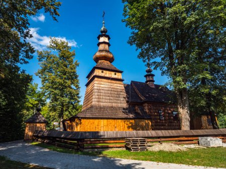 Ropica Grna, Poland - Aug 22, 2018 Church St. Michael the Archangel. The Orthodox church was entered in the list of monuments in 1972 and incorporated into the Lesser Poland Wooden Architecture Route.