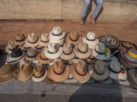 Photo for A Panama hat, toquilla straw hat,  is a traditional brimmed straw hat of Ecuadorian origin, Sold on the street of Bogota. Colombia. Latin America. UNESCO Intangible Cultural Heritage Lists - Royalty Free Image