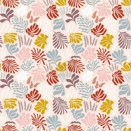 Illustration for Modern abstract background with leaves and flowers in Matisse style. Vector seamless pattern with Scandinavian cut out elements. Hand drawn contemporary art collage. - Royalty Free Image