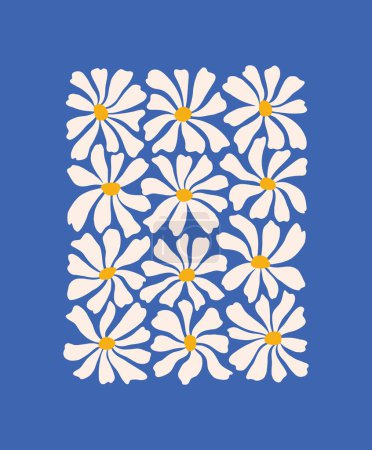 Téléchargez les illustrations : Groovy motif de fleurs marguerites. Illustration minimaliste de fleurs de camomille dans le style branché Matisse. Affiche d'art abstrait botanique. - en licence libre de droit