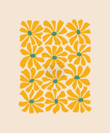 Illustration for Groovy daisy flowers pattern. Minimalistic illustration of chamomile flowers in trendy Matisse style. Botanical abstract art poster. - Royalty Free Image