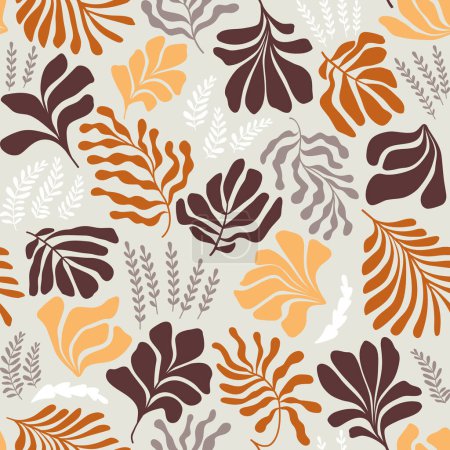 Téléchargez les illustrations : Modern abstract background with leaves and flowers in Matisse style. Vector seamless pattern with Scandinavian cut out elements. Hand drawn contemporary art collage. - en licence libre de droit