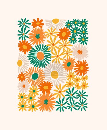 Téléchargez les illustrations : Colorful summer pattern with cute hand drawn meadow flowers. Minimalistic illustration of stylized flowers in trendy Matisse style. Botanical abstract art poster. Fashion stylish natural background. - en licence libre de droit