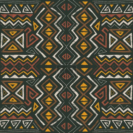 Ilustración de Patrón étnico africano sin costuras en estilo tribal. Fondo geométrico abstracto de moda con textura grunge. Elementos de diseño únicos para textiles, pancartas, cubiertas, papeles pintados, envolturas - Imagen libre de derechos
