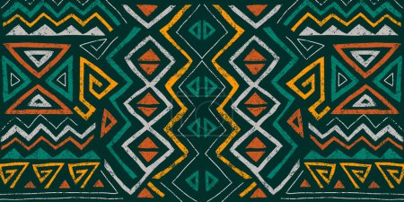 Téléchargez les illustrations : Modèle sans couture ethnique africain dans le style tribal. Fond géométrique abstrait tendance avec texture grunge. Eléments de design uniques pour le textile, bannière, couverture, papier peint, emballage - en licence libre de droit