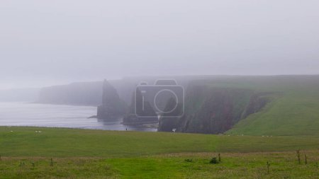 Téléchargez les photos : Vue des piles dans le brouillard. Duncansby Head est la pointe nord-est de l'Écosse, près du village de John o Groats. Duncansby Head est particulièrement spectaculaire en raison des aiguilles rocheuses, appelées Duncansby Stacks. - en image libre de droit