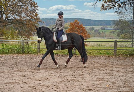 Foto de Black horse and rider training on a riding ground in Bavaria - Imagen libre de derechos