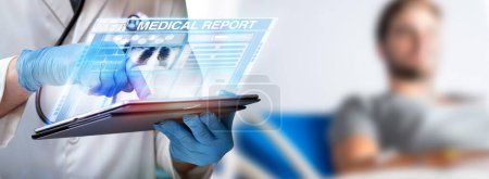 Photo for Physician using medical interface a smart tablet during diagnostic control examination on patient health. Doctor holding tablet with medical report software with a sick patient  in the background - Royalty Free Image