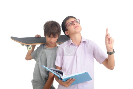 nerd  with books   and cool kid with skateboard on white background