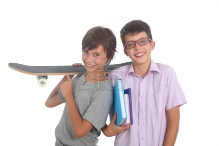 nerd  with books   and cool kid with skateboard