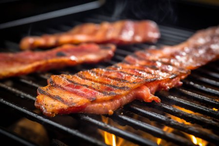 Téléchargez les photos : Tranches de bacon grésillement sur une grille de feu, tôt le matin - en image libre de droit