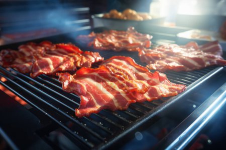 Téléchargez les photos : Tranches de bacon grésillement sur un gril, tôt le matin - en image libre de droit