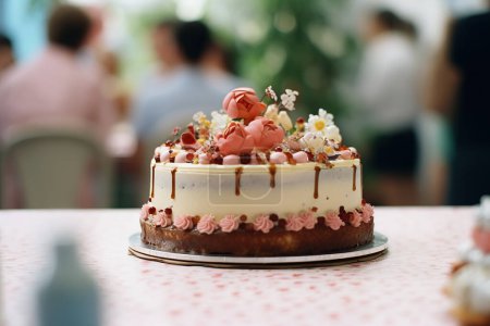 Photo for Wedding cake on a table with guests in background - Royalty Free Image