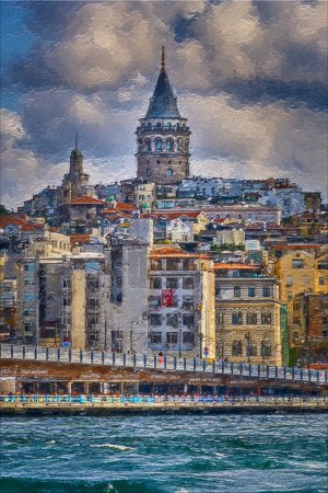 Istanbul, Turquie. Pier Eminonu, Bosphore, vue sur le quartier Karakoy, la tour Galata et le pont Galata. Tôt le matin, les pêcheurs attrapent du poisson sur le pont.