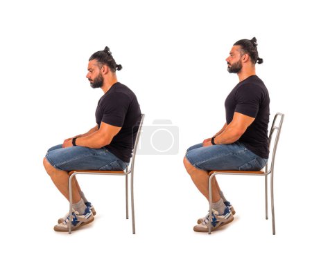 Photo for Collage of muscular bearded male with stooped and straight back while sitting on chair, isolated on white background - Royalty Free Image