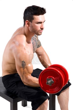 Photo for A man sitting on a bench holding a red barbell. Photo of a muscular man showcasing his strength while holding a red barbell on a bench - Royalty Free Image