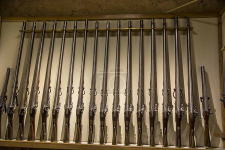 Ein Haufen Gewehre steht in einem Regal. Foto einer Sammlung von Schusswaffen ordentlich in einem Regal ausgestellt